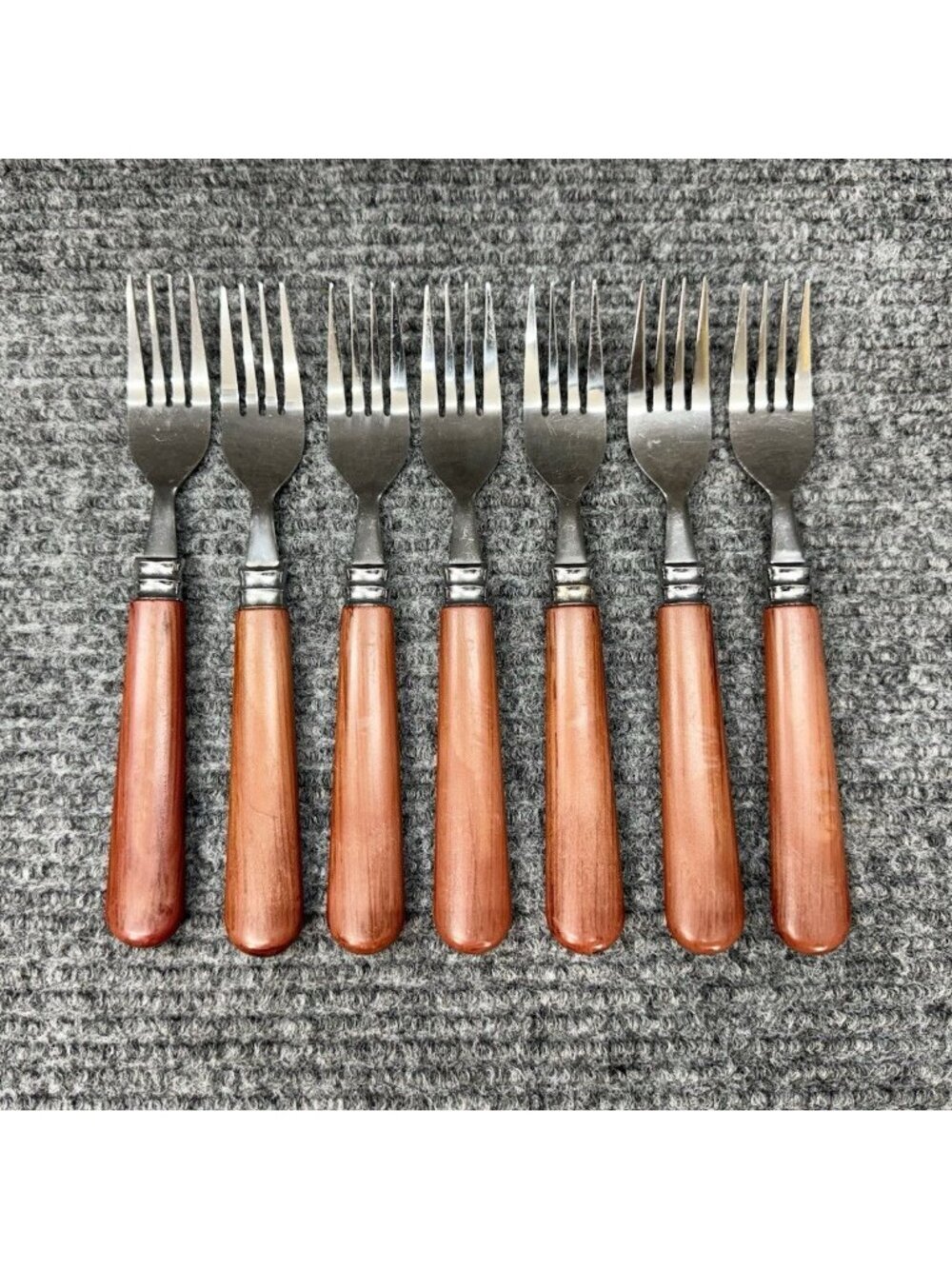 Faberware Silverware Lot Of 7 Table Forks Faux Wood Brown Handle Set Vintage